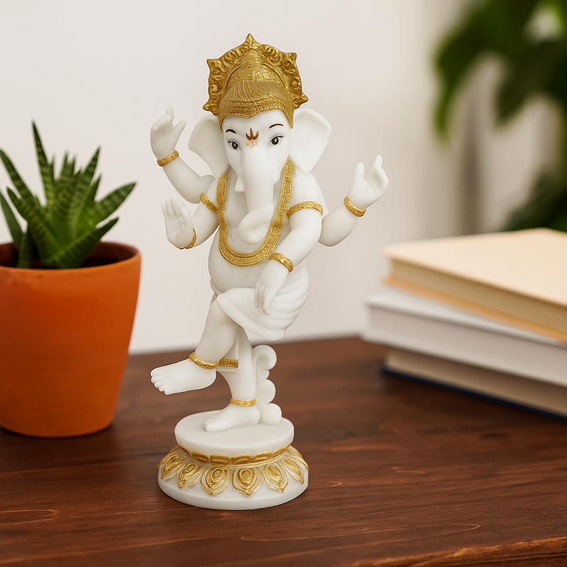 20cm Dancing Ganesh Idol with White and Gold Finish – Elegant Spiritual Decor