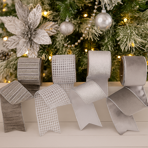 Assorted design silver ribbons 6.3cm x 5m roll for gift wrapping and festive decorations