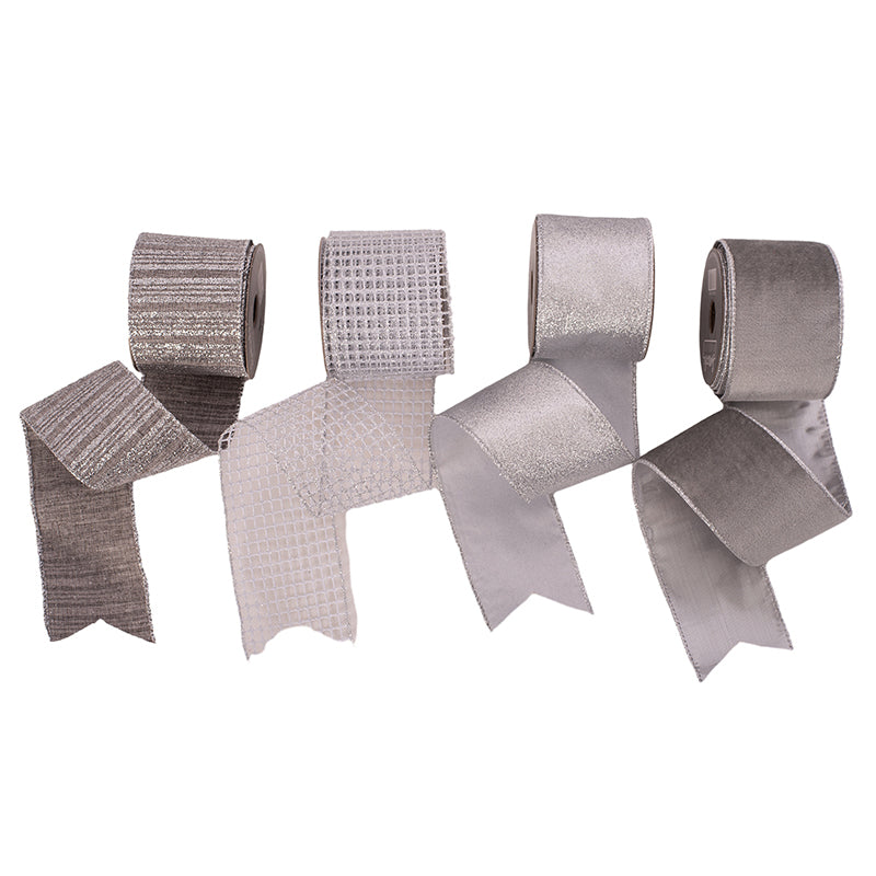 Assorted design silver ribbons 6.3cm x 5m roll for gift wrapping and festive decorations
