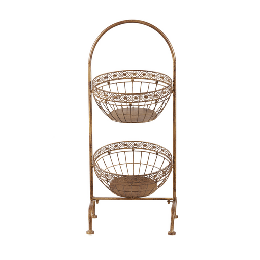 Display Stand with 2 Baskets Antique Gold Metal 84cmH – vintage-style decorative storage stand for home or retail