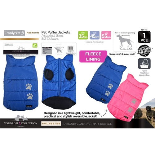 Dog puffer jacket with paw print design in sizes 35cm 45cm 55cm for winter warmth