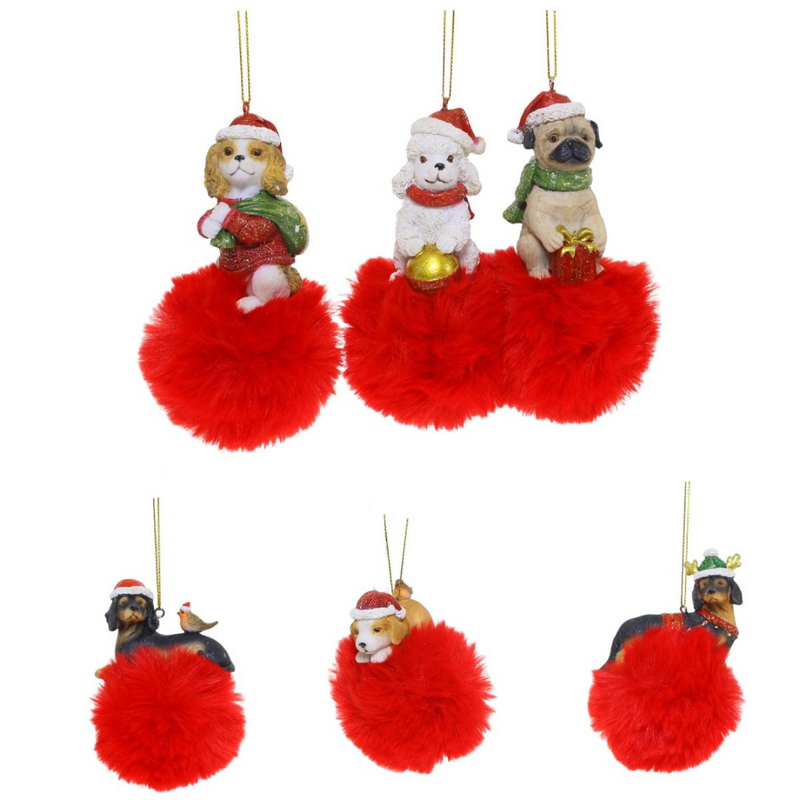 Assorted Christmas dog ornaments with fluffy pom poms and festive holiday designs