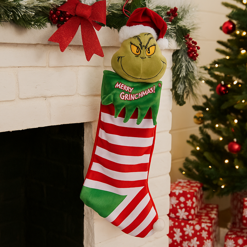 Dr. Seuss Animated Big Grinch Head Stocking 64cm with plush design and moving Grinch head