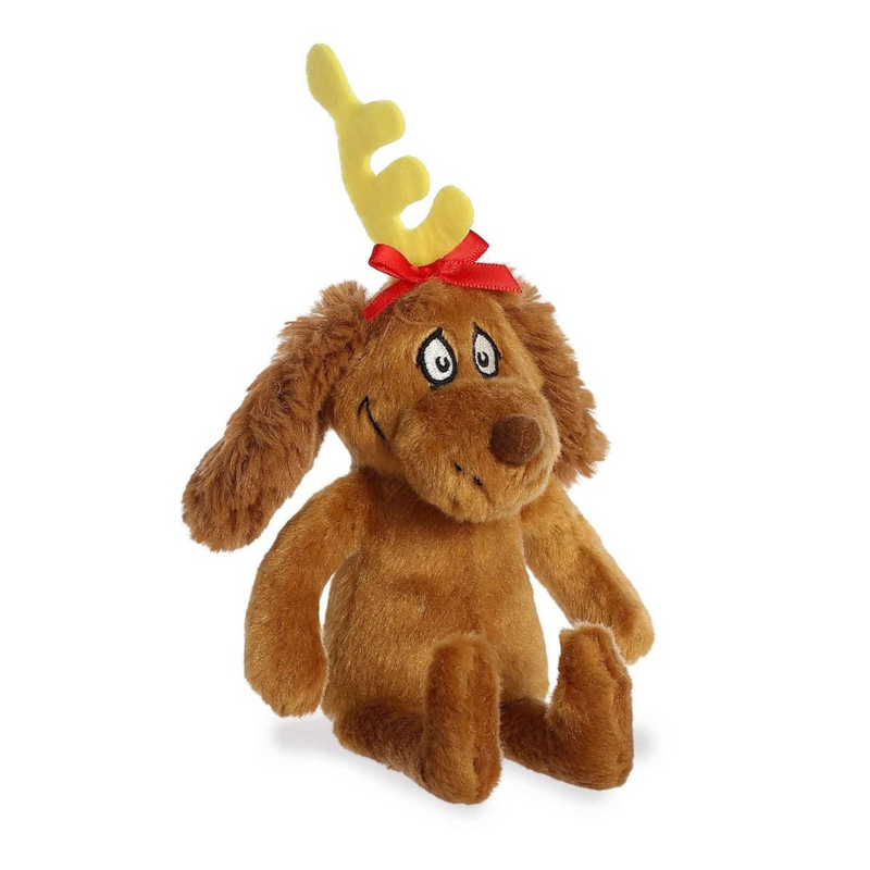 Dr. Seuss Aurora Max plush dog with antlers and a red ribbon, 17cm tall.