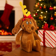 Dr. Seuss Aurora Max plush dog with antlers and a red ribbon, 17cm tall.