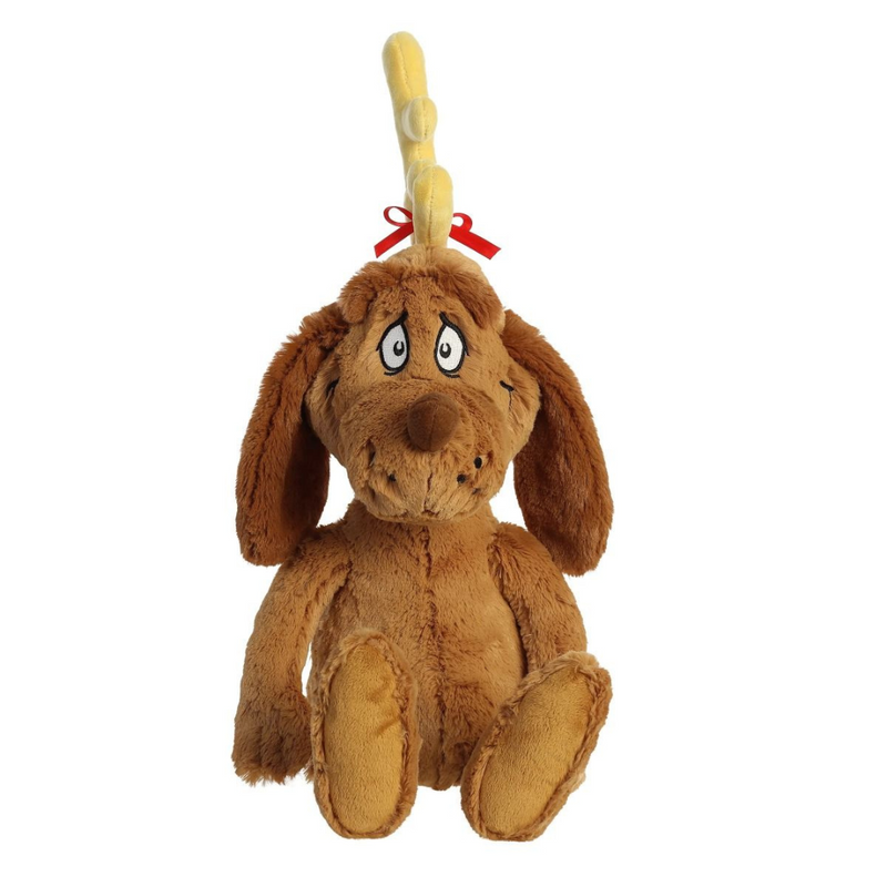 Dr. Seuss Max plush dog with antlers and a red ribbon, 17cm tall.