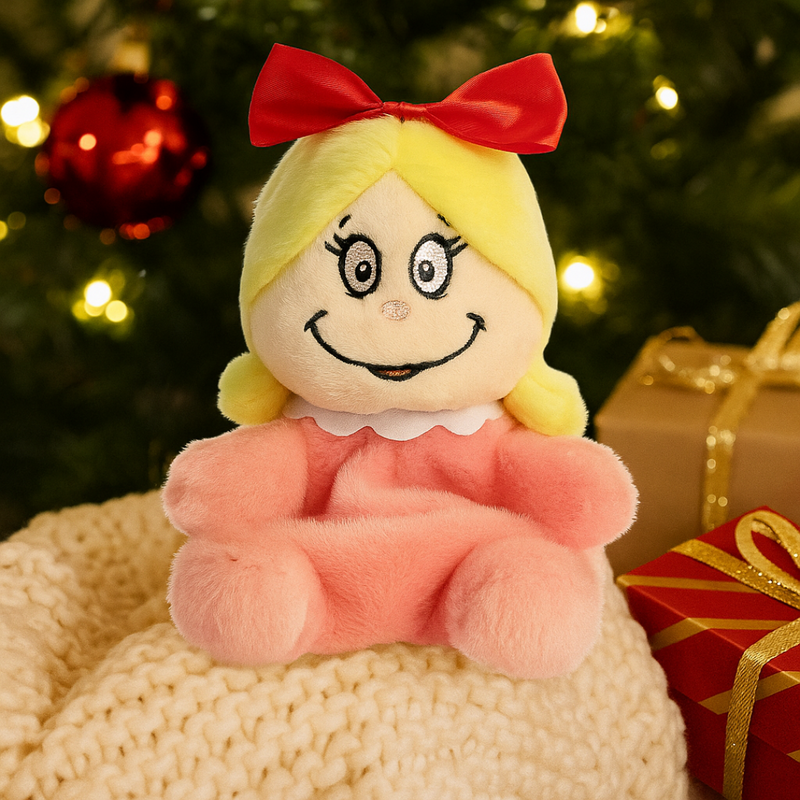 Palm-sized 12cm Aurora Palm Pals plush of Cindy-Lou Who in a pink dress with bow, from Dr. Seuss.