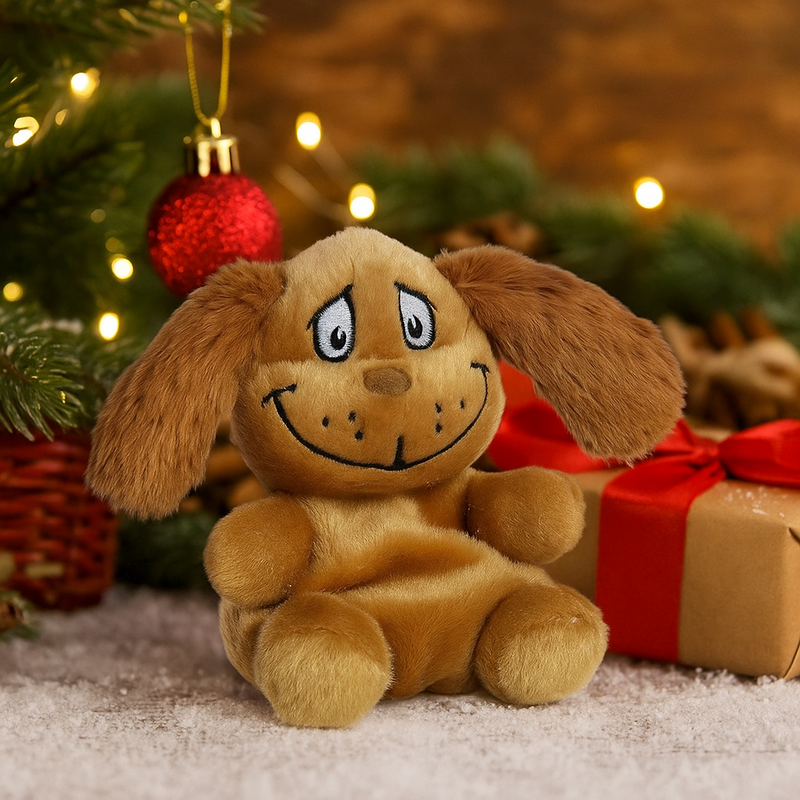 12cm Aurora Palm Pals Max plush toy wearing a reindeer antler, from Dr. Seuss Grinch collection.