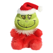 Palm-sized Santa Grinch plush toy from Aurora, wearing a red Santa outfit, 12cm tall.