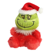 Palm-sized Santa Grinch plush toy from Aurora, wearing a red Santa outfit, 12cm tall.