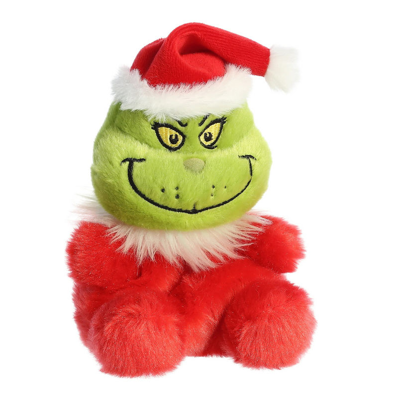 Palm-sized Santa Grinch plush toy from Aurora, wearing a red Santa outfit, 12cm tall.