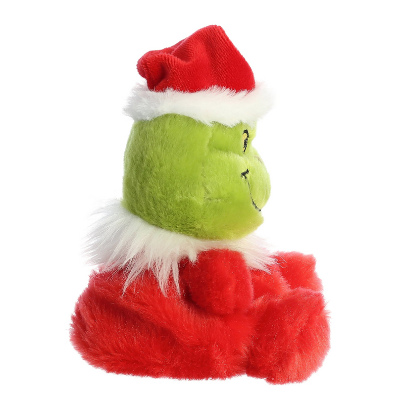 Palm-sized Santa Grinch plush toy from Aurora, wearing a red Santa outfit, 12cm tall.