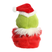Palm-sized Santa Grinch plush toy from Aurora, wearing a red Santa outfit, 12cm tall.