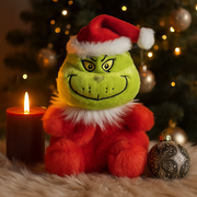 Palm-sized Santa Grinch plush toy from Aurora, wearing a red Santa outfit, 12cm tall.