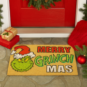 40x75cm coir doormat with Merry Grinchmas text and Grinch face design from Dr. Seuss in festive colors.