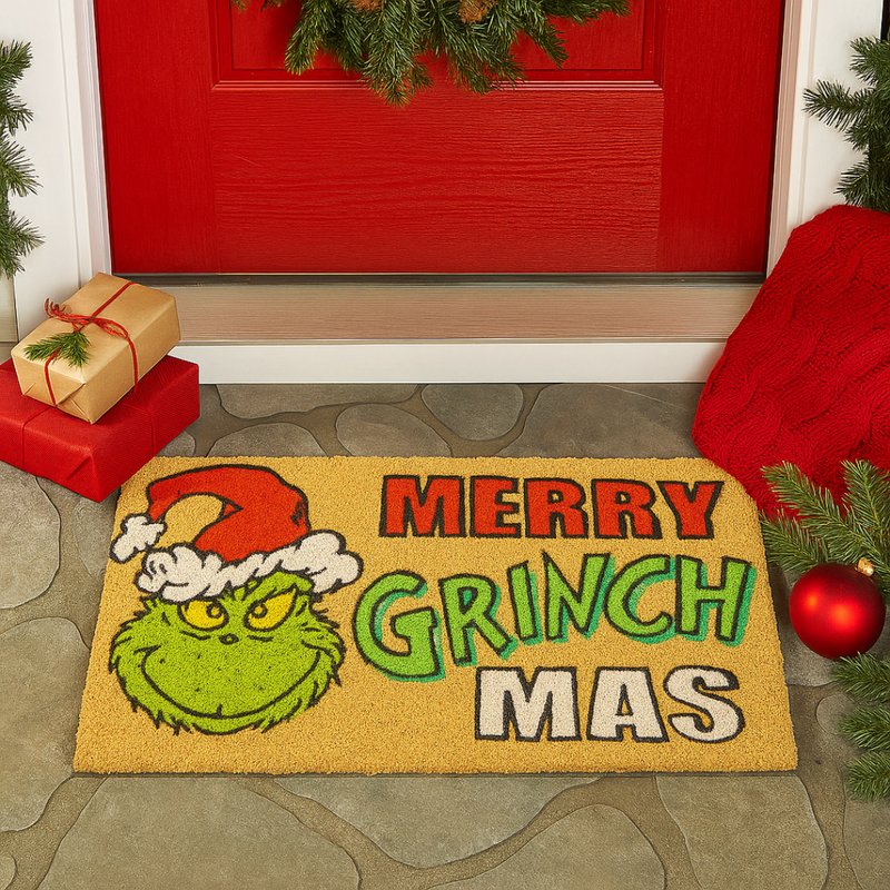 40x75cm coir doormat with Merry Grinchmas text and Grinch face design from Dr. Seuss in festive colors.