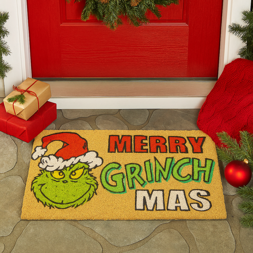 40x75cm coir doormat with Merry Grinchmas text and Grinch face design from Dr. Seuss in festive colors.