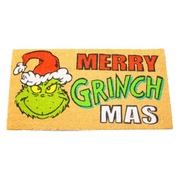40x75cm coir doormat with Merry Grinchmas text and Grinch face design from Dr. Seuss in festive colors.