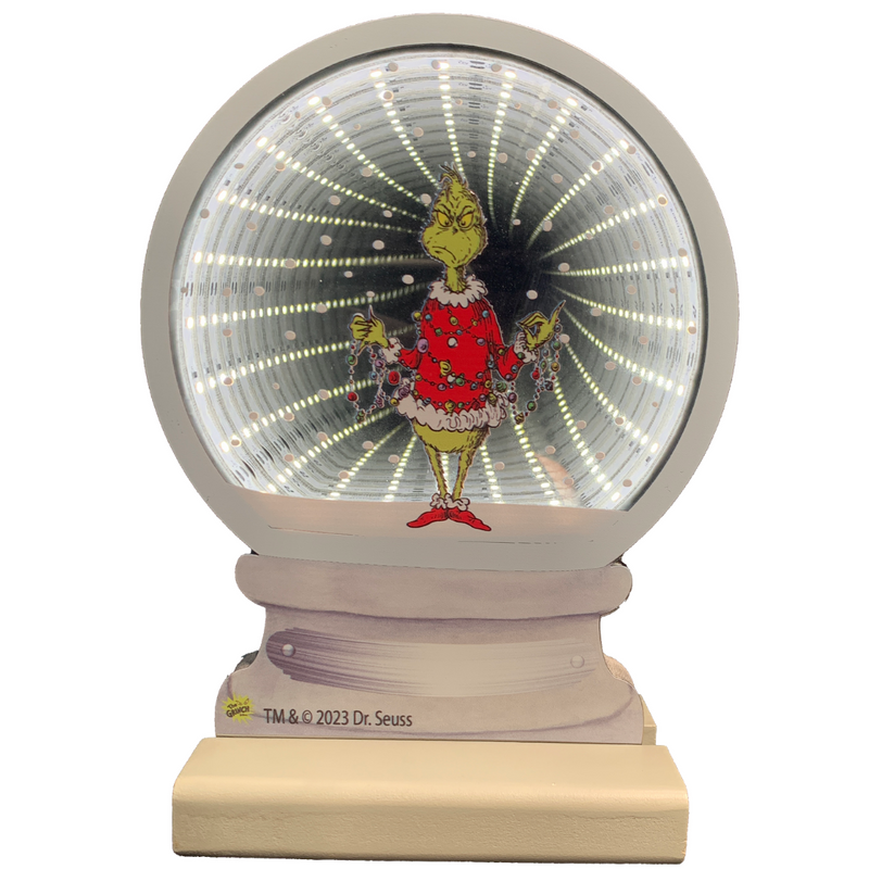 20 cm Dr. Seuss Grinch & Garland Infinity Snow Globe with LED light and swirling faux snow