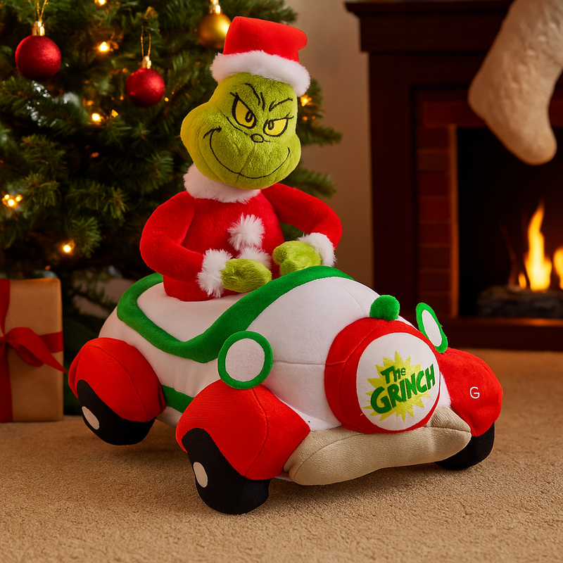 Grinch driving a colorful Seussian-style holiday car with bump-and-go action, wearing a Santa suit and mischievous grin.