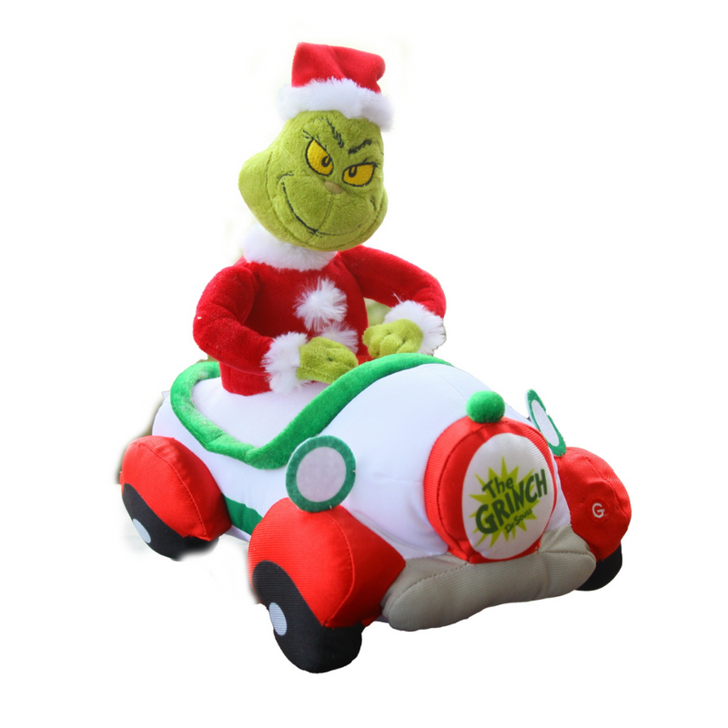 Grinch driving a colorful Seussian-style holiday car with bump-and-go action, wearing a Santa suit and mischievous grin.