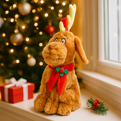 Animated Max the dog from Dr. Seuss wearing antlers and a red scarf, singing with festive expression from the Christmas Crooners collection.