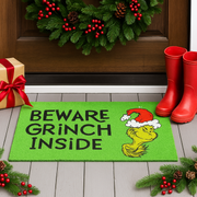 Coir doormat 40x75cm with “Beware” text and Grinch face design from Dr. Seuss on natural fiber.
