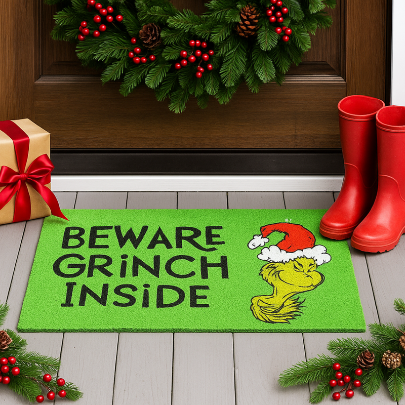 Coir doormat 40x75cm with “Beware” text and Grinch face design from Dr. Seuss on natural fiber.