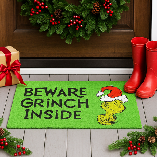 Coir doormat 40x75cm with “Beware” text and Grinch face design from Dr. Seuss on natural fiber.