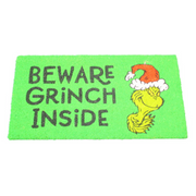 Coir doormat 40x75cm with “Beware” text and Grinch face design from Dr. Seuss on natural fiber.