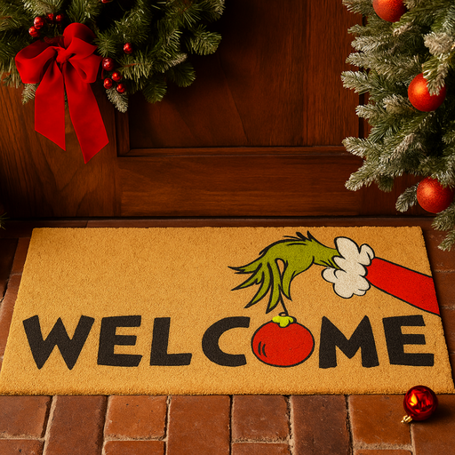 Festive coir doormat 40x75cm with Grinch character and “Welcome” text in holiday colors from Dr. Seuss.