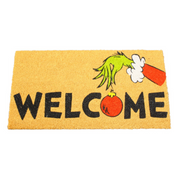 Festive coir doormat 40x75cm with Grinch character and “Welcome” text in holiday colors from Dr. Seuss.
