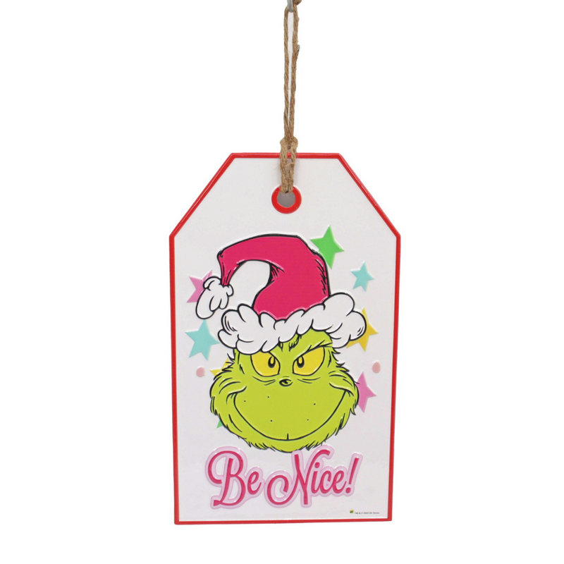 Dr. Seuss Grinch pink “Be Nice” door hanger sign, 18.5x2.5x31.2cm festive Christmas decoration.