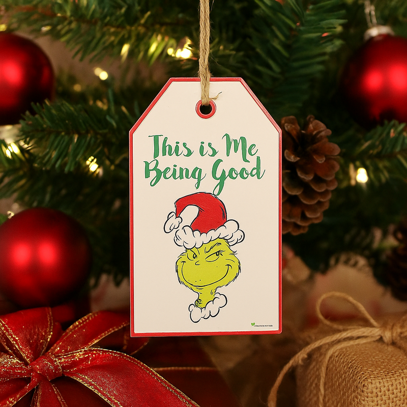 Dr. Seuss Grinch Door Hanger Sign with "Being Good for Goodness Sake" quote in red and green, holiday wall or door décor, 18.5x2.5x31.2cm.