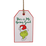 Dr. Seuss Grinch Door Hanger Sign with "Being Good for Goodness Sake" quote in red and green, holiday wall or door décor, 18.5x2.5x31.2cm.