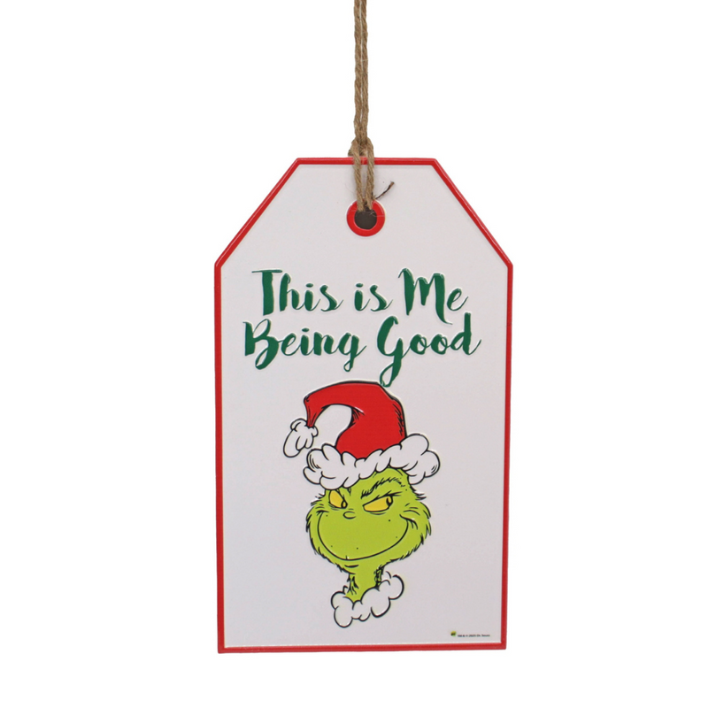 Dr. Seuss Grinch Door Hanger Sign with "Being Good for Goodness Sake" quote in red and green, holiday wall or door décor, 18.5x2.5x31.2cm.