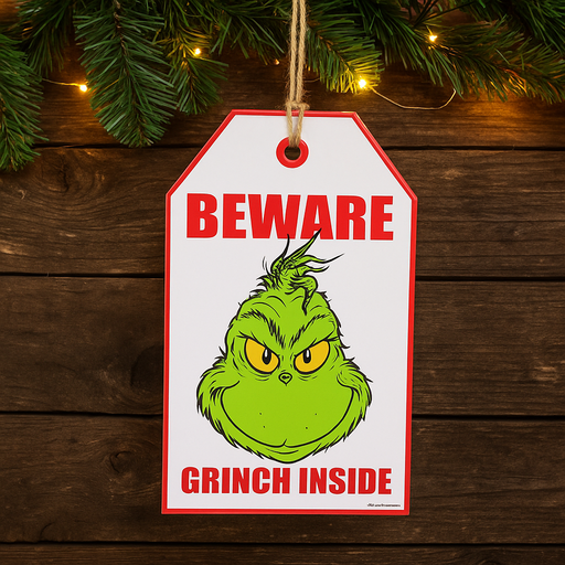 Dr. Seuss Grinch Door Hanger Sign with “The Grinch Is Inside” message – festive red and green Christmas decoration, 18.5x2.5x31.2cm.