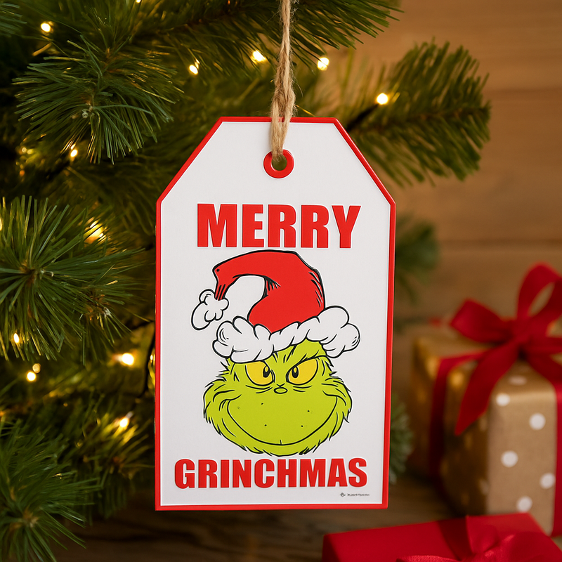 Dr. Seuss Grinch Door Hanger Sign with “Merry Grinchmas" – festive red and green Christmas décor, 18.5x2.5x31.2cm.