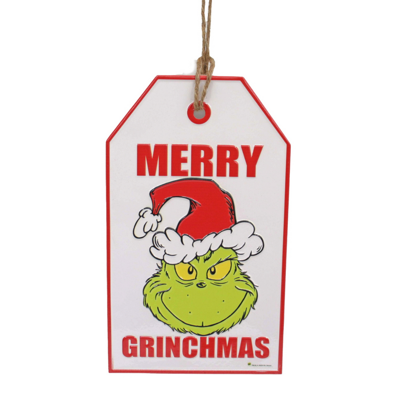 Dr. Seuss Grinch Door Hanger Sign with “Merry Grinchmas" – festive red and green Christmas décor, 18.5x2.5x31.2cm.