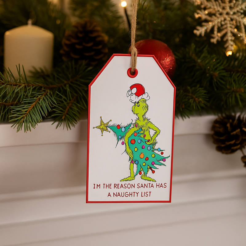 Dr. Seuss Grinch Door Hanger Sign with “I'm the reason Santa has a naughty list” quote – festive Grinch in Santa suit décor, 18.5x2.5x31.2cm.