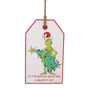 Dr. Seuss Grinch Door Hanger Sign with “I'm the reason Santa has a naughty list” quote – festive Grinch in Santa suit décor, 18.5x2.5x31.2cm.