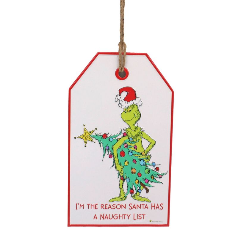 Dr. Seuss Grinch Door Hanger Sign with “I'm the reason Santa has a naughty list” quote – festive Grinch in Santa suit décor, 18.5x2.5x31.2cm.