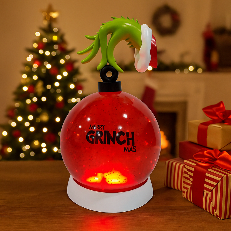 Grinch-themed red lantern bauble with spinning water and glitter, red LED lighting, and a sculpted Grinch figure inside.