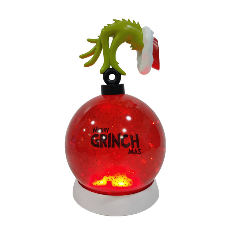 Grinch-themed red lantern bauble with spinning water and glitter, red LED lighting, and a sculpted Grinch figure inside.