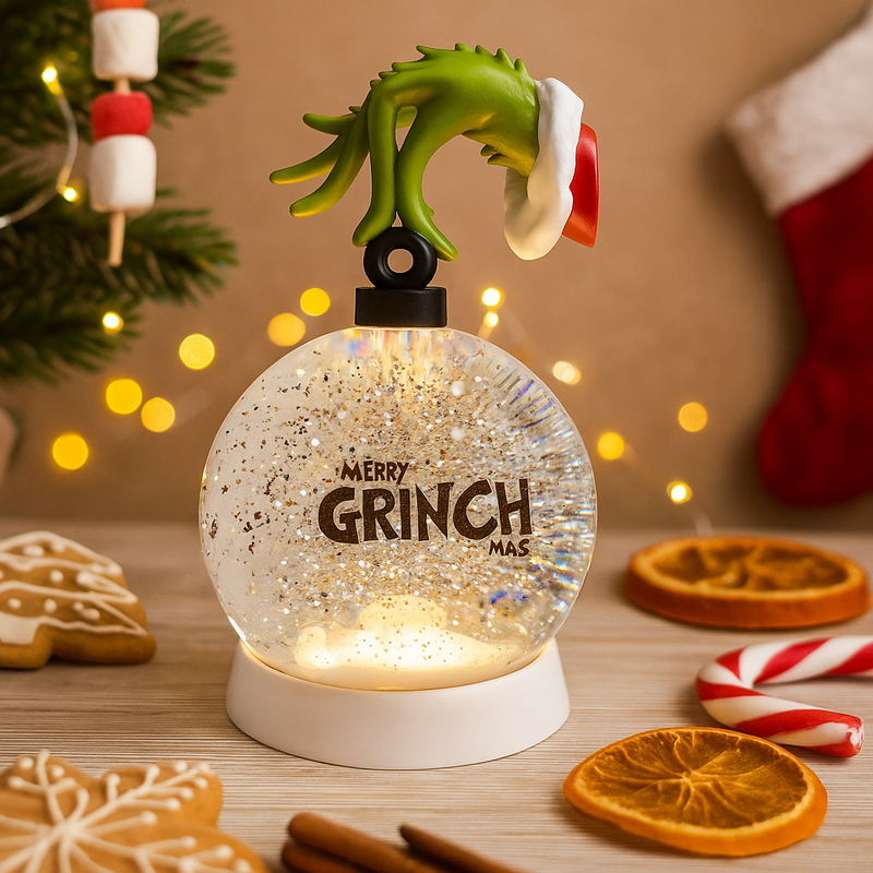 Grinch-themed lantern bauble with white LED lights and spinning water effect, featuring a Grinch figure inside.