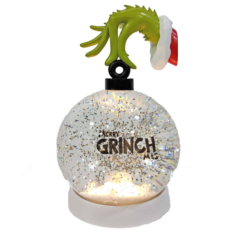 Grinch-themed lantern bauble with white LED lights and spinning water effect, featuring a Grinch figure inside.