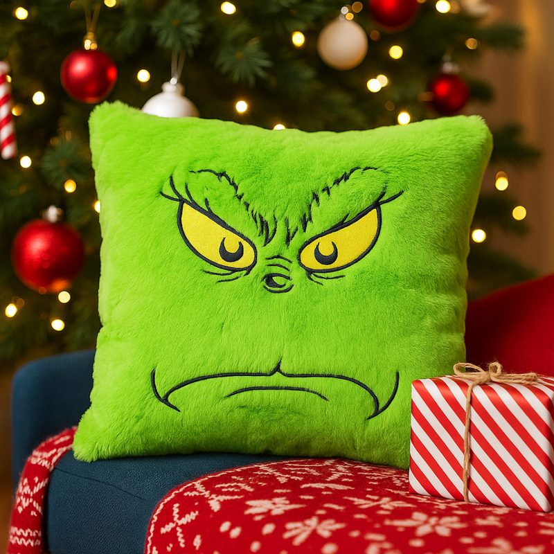 40x40cm plush cushion showing the Grinch’s frowning face from Dr. Seuss
