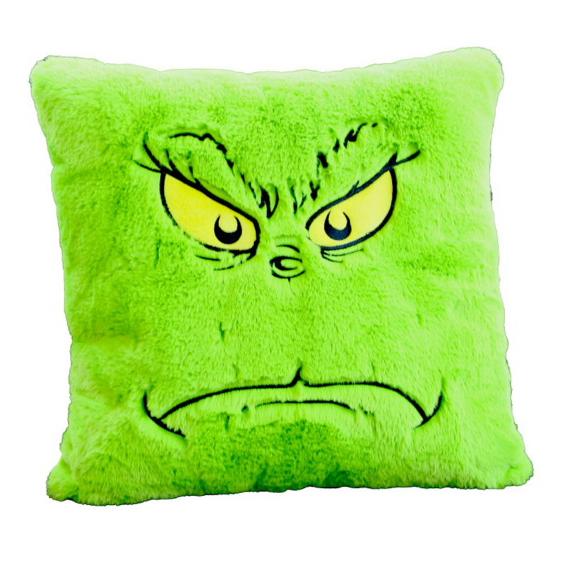 40x40cm plush cushion showing the Grinch’s frowning face from Dr. Seuss