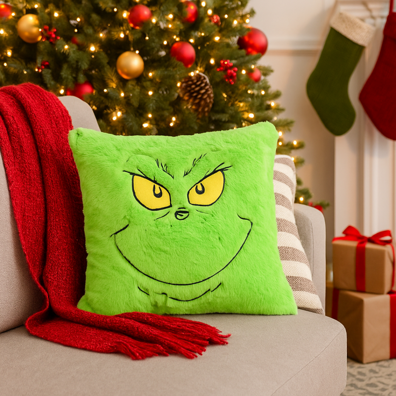 40x40cm square plush cushion featuring the Grinch’s smiling face from Dr. Seuss