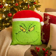 40x40cm plush Grinch cushion with smiling face and red Santa hat, from Dr. Seuss collection
